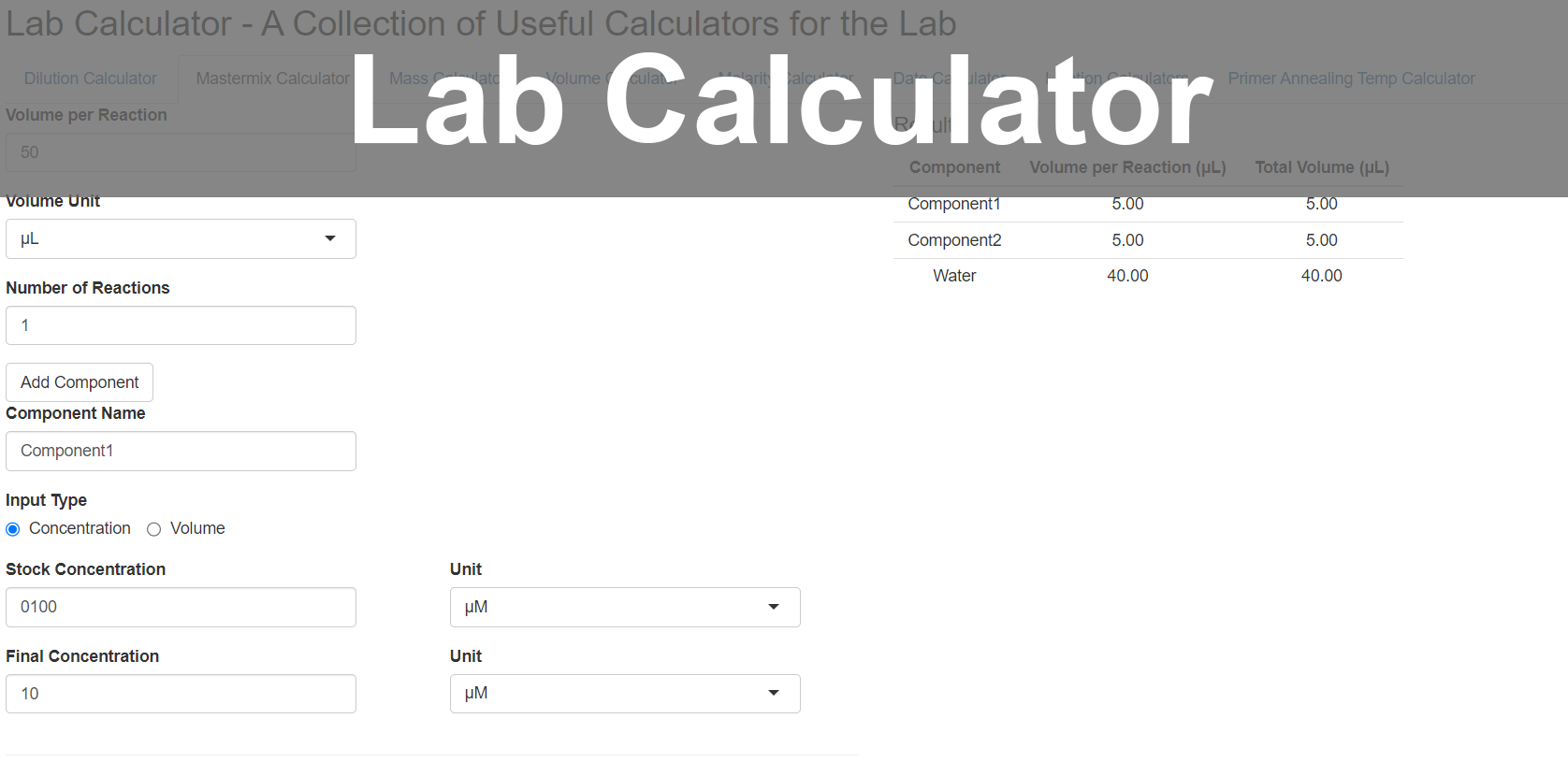 Lab calculator app screenshot